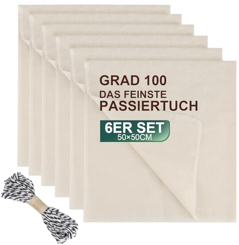 6 Stück Passiertuch, 50 * 50cm Käsetuch Feingewebt Dichtegrad 100 Abseihtuch mit 10m Baumwollfaden, Baumwolle Ungebleicht Cheesecloth mit Vernähten Kanten, Passiertuch Wiederverwendbar