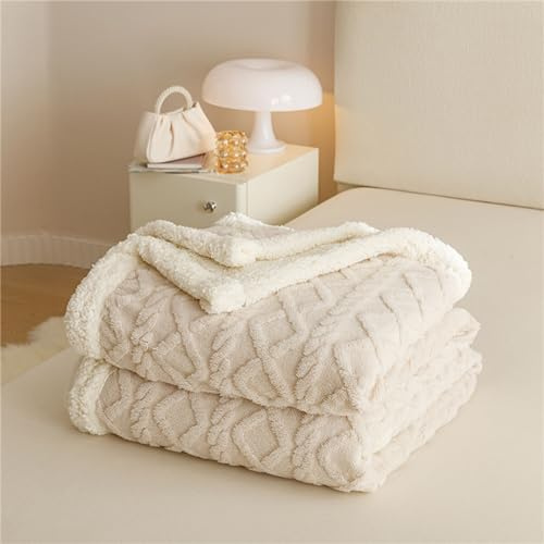Chickwin Pile Sherpa Jacquard Spessa Invernale - Coperta Calda Microfibra Fluffy Super Morbida per Divano, Letto Singolo o Matrimoniale (200x230cm, Latte Bianco)