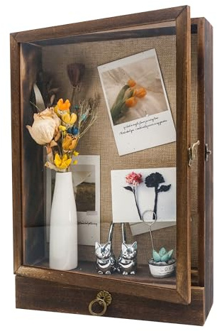 FramePro Marco de Caja de Sombra Profunda de 11 x 16 Pulgadas con cajón y Parte Trasera de línea Suave, Vitrina de Madera de Cristal Real para Colecciones de Recuerdos, medallas, Pared de Ramo o Mesa