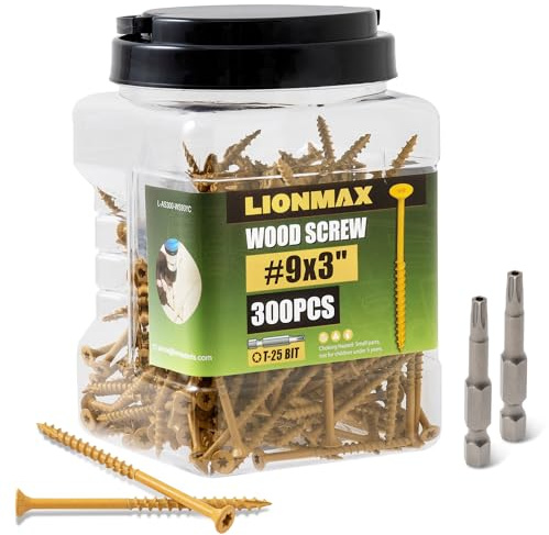LIONMAX Deck Screws 3 Inch, Wood Screws #9 x 3, 300 PCS, Rust Resistant, Exterior Epoxy Coated, Outdoor Decking Screws, Torx/Star Drive Head Deck Screw, T25 Star Bit Included, Tan