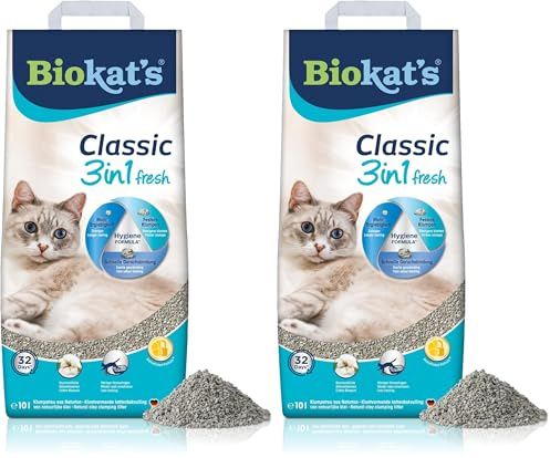 Biokat's Classic Fresh 3in1 Katzenstreu mit Cotton Blossom-Duft - Klumpstreu aus Bentonit mit 3 unterschiedlichen Korngrößen - 1 Sack (1 x 10 L) (Packung mit 2)