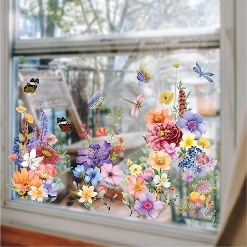 WALPLUS 44 Stück Fenstersticker Fensterbilder Selbstklebend Kinderzimmer Frühling Deko Interieur DIY Bunte Blumen mit Libellen und Schmetterlingen