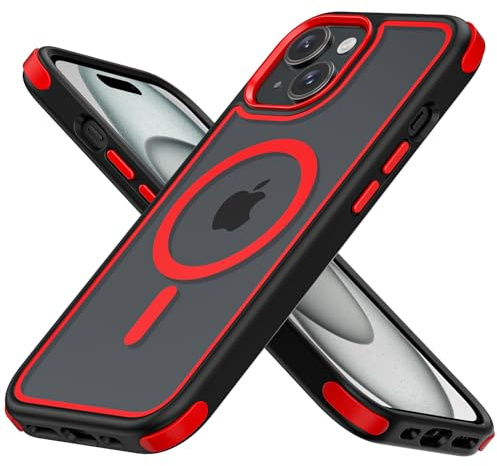 MobNano cover for iPhone 15 magnetica, compatibile con MagSafe, cover magnetica colorata per iPhone 15, Protezione Antiurto di Livello Militare, Retro Resistente ai Graffi - Nero/Rosso
