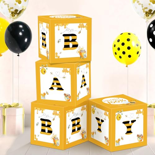 FVABO Bee Baby Shower Balloon Boxes Decorations - 4Pcs Honey Bumble Theme What Will It Bee Gender Reveal Decorations Balloon Box Backdrop Block Party Supplies