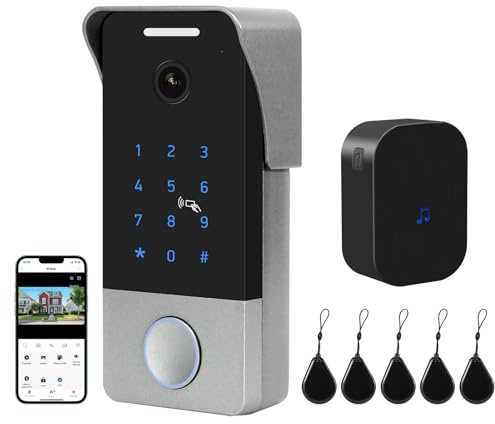 Karmen Sonnette Intelligente sans Fil Tuya avec Contrôle par Smartphone, Enregistrement Vidéo, Conversation, Déverrouillage par Mot de Passe/RFID, Carillon sans Fil Intérieur, Étanche à l'extérieur