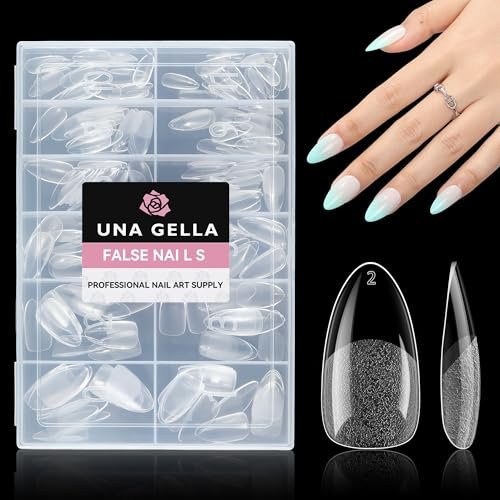 UNA GELLA Capsule Américaine Ongle Amande, 216 Pièces 12 Tailles (Forme Pointue Préformée) Tips en Gel Souple Demi-Mat Prothèses Transparents Full Cover pour Extensions & Nail Art
