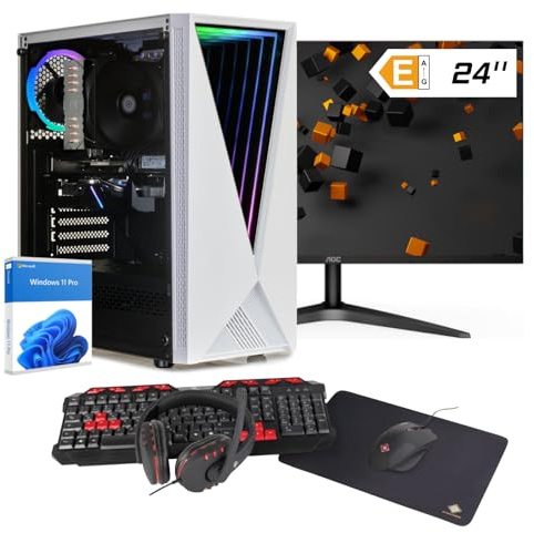 dcl24 Gaming PC Set komplett mit Intel Core i5-12400, RTX3050 6GB - 500GB SSD, 16GB DDR4, Gamer PC mit 6x4.4 GHz, WLAN, 24 Monitor, Maus, Tastatur, Headset, Windows 11 Pro [19646]
