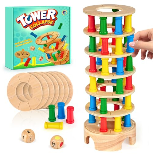 Montessori Brettspiel aus Holz, 48 Stück Bunte Holzsäule Würfelspiel Mathematik Lernspielzeug ab 3 4 5 6 Jahre, Feinmotorik Spiel & Zählspielzeug, Familien Reisespiel Montessori Spielzeug ab 3 Jahren