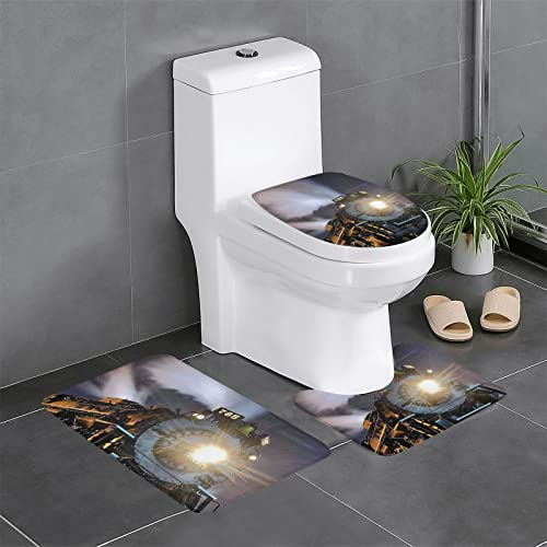 FLYIFE Badematten-Set mit Dampfzug bedruckt, Flanell, rutschfest, wasserabsorbierend, mit U-förmiger WC-Vorleger und WC-Deckelbezug, 3-teilig