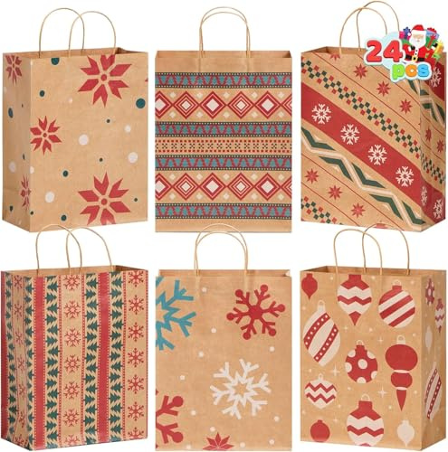 JOYIN 24 Stück Weihnachtsgeschenktüten aus Kraftpapier, Weihnachts-Einkaufstüten mit Griffen für Weihnachtsgeschenke, riesige Geschenkdekorationen und Partygeschenke 25,4cm x 33cm x 12,7cm