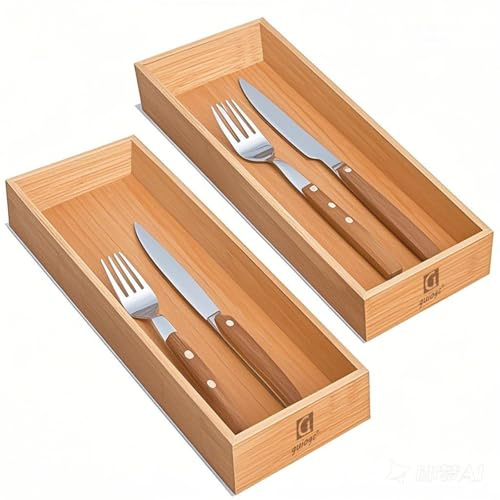 guiogc Organizador de cajones de bambú, organizador de utensilios para cocina, caja de almacenamiento de bambú, bandeja de cubiertos de madera para cajón, juego de 2
