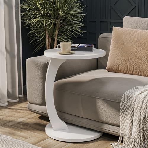 Tubibu MDF - Tavolino piccolo a forma di C, tavolo rotondo come ripiano per divano e divano con ruote, tavolo rotelle, tavolo da appoggio, piano rotondo (bianco)