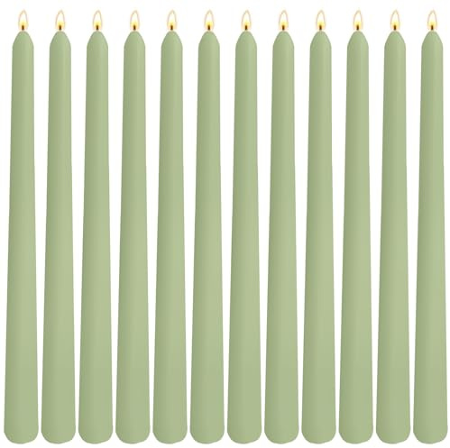 12-Pack Sage Green Taper Candles, 10 Inch Unscented Dripless Candlesticks, Long-Lasting Burn Time of 7-8 Hours, Perfect for Home Décor, Spring and St. Patrick's Day