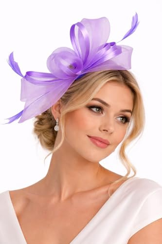 Finecy In Fascinator Hat for Women with Headband Clip Wedding Race Bowler Hat Elegant Royal Ascot Floral Derby Hat Ladies Tea Party Church Cocktail (UK, Alpha, One Size, M, Lilac)