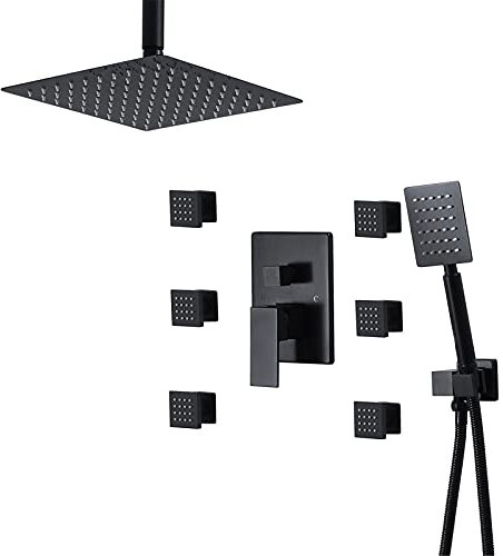 YHEIANJ Ganzkörper-Duschsystem Mattschwarz, 10-Zoll-Regenduschen-Wasserhahn-Set Mit 6 Körpersprays Und Handbrause, 3-Funktions-Regenmischer-Duschset,B,B-A