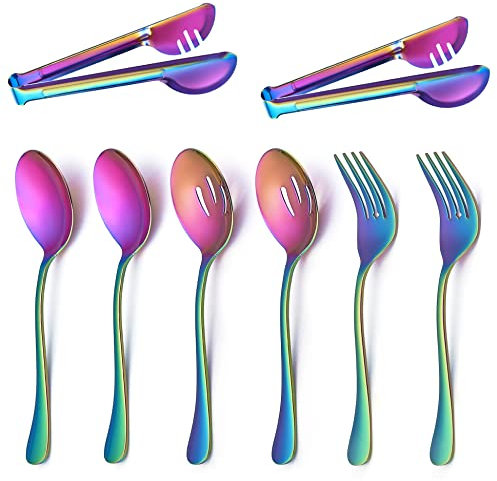 Ensemble de service en acier inoxydable - 3 grandes cuillères de service, 3 cuillères de service, 3 fourchettes de service, 3 pinces de service, 24 cm, passent au lave-vaisselle