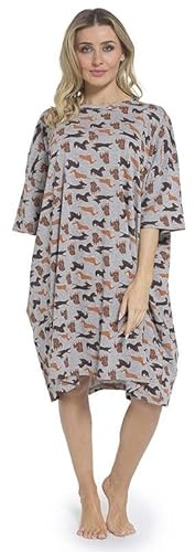 GM Apparel Women’s Baggy Nighty Nightgown Loungewear Sleepwear Night Dress Oversized T Shirt Ladies Nighties Short Sleeved 100% Cotton Nightshirts Night wear With Pockets (Grey Sausage Dog)