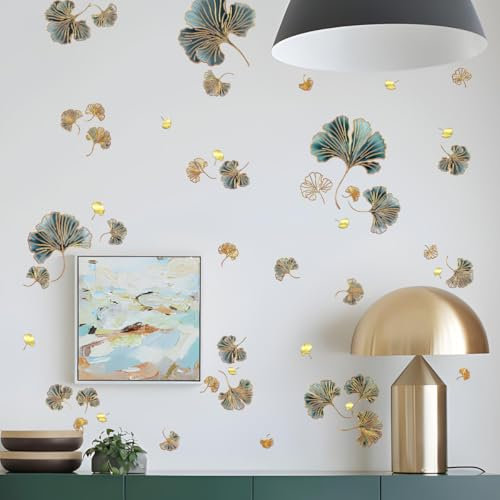 WandSticker4U®- Élégants stickers muraux FEUILLES de GINKGO vert/doré I Autocollants muraux décoratifs herbes plantes I Déco murale salon chambre cuisine salle de bain couloir meuble botanique