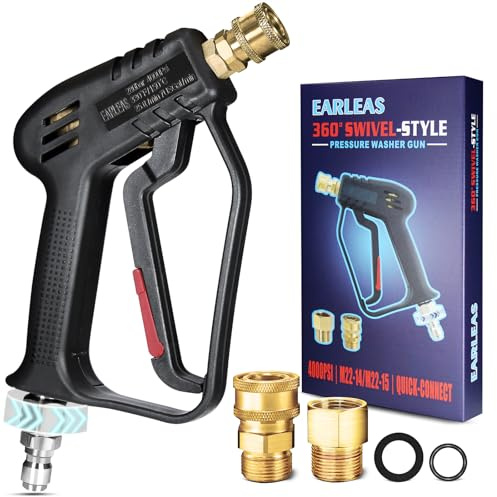 Kurze Hochdruckreiniger-Pistole mit Drehgelenk, Anti-Verhedderungs-Design, max. 4000 PSI, strapazierfähig, 0,95 cm QC & M22 14/15 mm Einlass, 6,35 mm Schnellanschluss-Auslass für Auto-Detaillierung