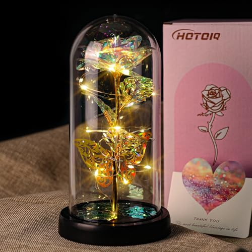 HOTOIQ Rose Flowers Birthday Gifts for Women, Flowers Gift for Girlfriend, Eternal Flowers in Glass Dome, Unique Artificial Rose Flower Gifts for Wife, Mum, Grandma, Friends, for Wedding, Anniversary