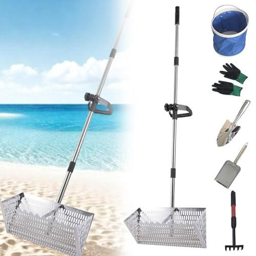Set di rastrelli per sabbia e pulci, setaccio per sabbia da spiaggia in acciaio inox con cestello largo da 40 cm a denti di squalo, rastrello per sabbia scavato in acciaio al carbonio, rastrelli