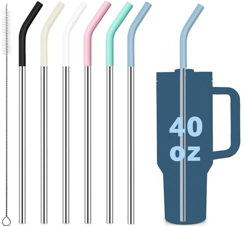 ALINK Replacement Straws for 40 oz Stanley Tumbler, 6Pcs Reusable Straight Long Stainless Steel Metal Straws with 6 Silicone Tips and 1 Straw Cleaning Brushes