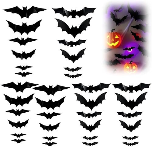 2025 Lot de 36 autocollants muraux chauve-souris 3D avec LED - Décoration d'Halloween - Décoration pour extérieur et intérieur
