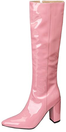 Dam, patentläder, långa stövlar med spetsig tå, tjocka klack, knähöga stövlar för höst och vinter, streetwear och ledig utflykt, glansig finish, Rosa, 36 EU