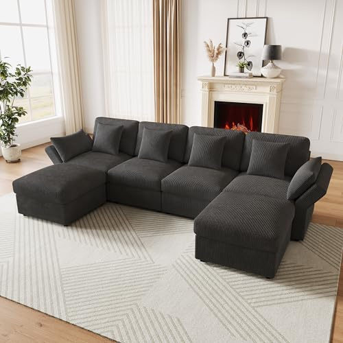 A ALFRESCOOL U-förmiges Ecksofa mit Schlaffunktion, Moderner Sofa 6 Sitzer mit Verstellbaren Armlehnen und Abnehmbarem Hocker, Cordstoff, Geeignet für Wohnzimmer und Schlafzimmer(Grau)