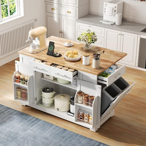 JCFEIDQW Isla de cocina móvil, carrito de cocina, mesa de comedor extensible, armario de cocina con placa abatible, enchufe europeo, estantes ajustables y espacio de basura extraíble, 138 × 86 × 92 cm