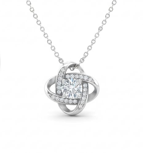 Only faith Collana con nodo d'amore eterno con zirconi brillanti, in acciaio inox placcato al rodio, motivo quadrifoglio infinito, catena da 45 cm, con confezione regalo