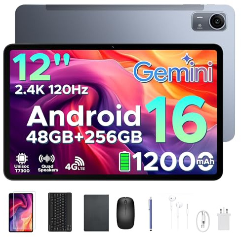 Easerush P12 Pro Tablet con Sim 2.4K 120Hz & Gemini AI, 48GB+256GB/2TB Tablet 12 Pollici & 12000mAh/18W Tablets Android 16, T7300 Octa Core Tablets con Tastiera, 4 Speakers/Widevine L1/Mouse/Custodia