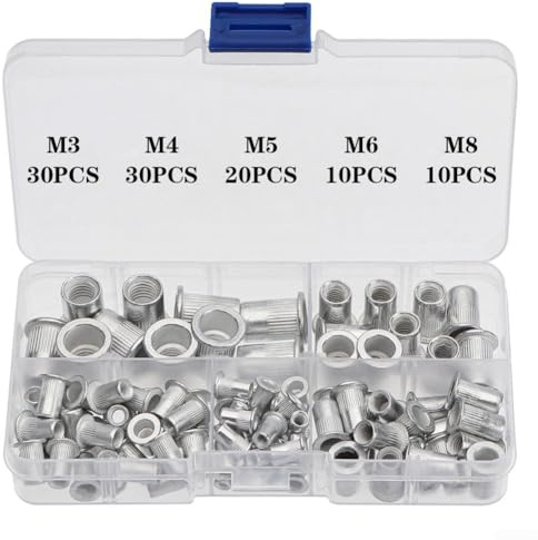 DAZZLEEX Set di 100 dadi per rivetti verticali in alluminio a testa piatta con 5 misure M5 M6 M8 Kit di inserti filettati per mobili fai da te riparazione automobilistica e assemblaggio di