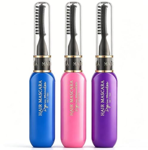 Temporary Hair Colour Set - 3PCS Washable Spray & Mascara Dye Kit in Blue, Purple, Pink - Unisex, Easy Wash Out for Parties & Play