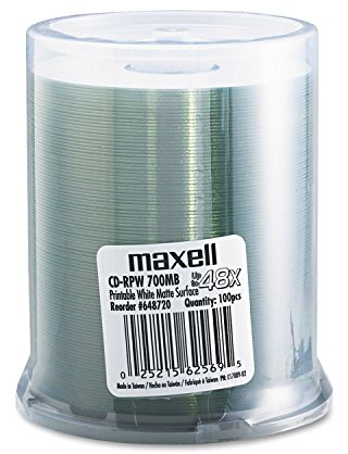 Maxell 648720 Premium Quality Recording Surface 48x Write Speed 700Mb Printable White Matte Disc 100 Pack with