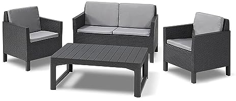 Allibert by Keter Chicago Lounge Set für 4 Personen, 2-er Sofa, 2 Gartensessel mit Rückenkissen und höhenverstellbarem Lyon Tisch, graphit/cool grau, wetterfest