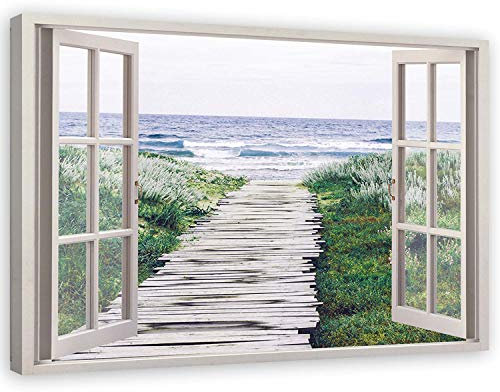 Feeby Impression sur toile Fenêtre XXL 120x80 cm 1 pièce Tableaux Tableau Mural Image Moderne Décoration Murale Artistique Photographie Cuisine Salon Chambre à coucher Eau Gras Paysage Nature Vert