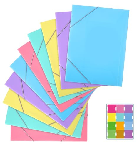 GOWTX A4-mapp med gummiband set – 10 stycken samlarmapp A4-plast och 1 färgad etikett, 5 typer av morandifärgad mapp, gummimapp, brevmapp PP-material robust för kontor, skola, barn