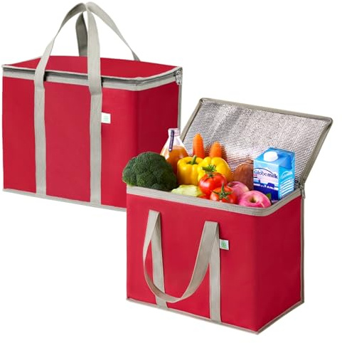 VENO 2 Pz. Borsa termica riutilizzabile, borsa frigo grande con coperchio, manici durevoli, cerniere doppie, borsa spesa resta in piedi, pieghevole borsa porta pranzo, borse da picnic (Rosso, 2 Pz.)
