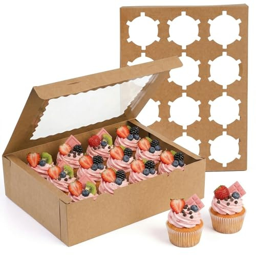 Jucoan 20er Set Cupcake Muffin Box aus Kraftpapier mit Großem Sichtfenster je 12 Loch Kuchenboxen Cupcake Boxen mit Abnehmbaren Einsätzen Cupcake Behälter mit Fenster für Muffins Cupcake Macarons