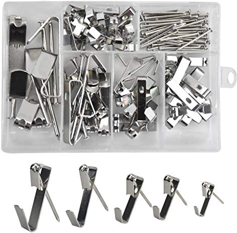 Frame Hanger Picture Wall Hanging Tool，130 pcs Metal Picture Hanging Kit Heavy Duty with Nails Mirror Artwork Clock Hook Accessories Wall Mounting Hardware 10-100 lbs Silver