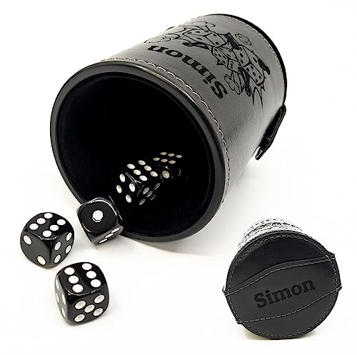 Diamandi Schwarzer Würfelbecher Leder mit Gravur | Personalisiert mit Motiv & Name | Individuelles Knobelbecher Set mit Würfelfach & Würfeln