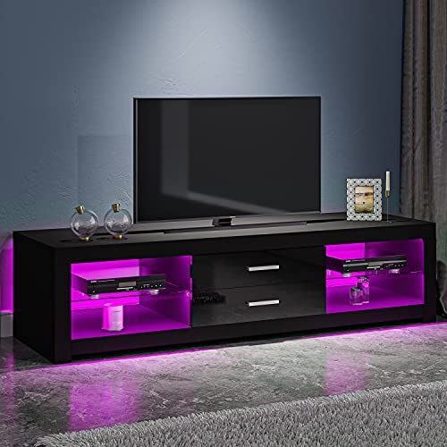Panana TV Stand Cabinet 2 Drawer 2 Glass Shelves LED Lighted TV Console Unit for 22-55 Flat Screen 4k TVs (black)