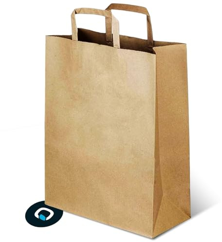 MAQA - 50 Shopper Carta Kraft Avana con Manico Piatto – Carta Da 90 g/m² Resistenti e Riutilizzabili – Ideale Per Take Away e Delivery - Eco-Friendly,Fondo Quadro per Regali o Spesa, 32 x 22 x 34 cm
