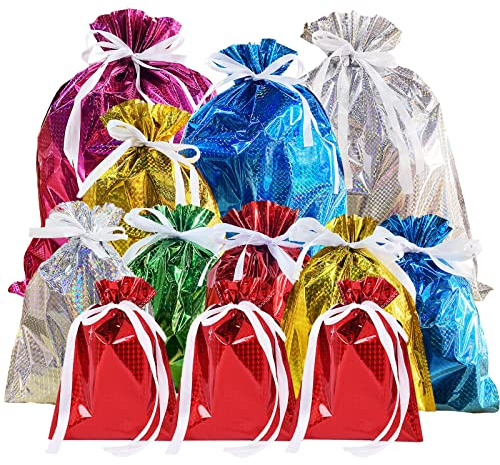 Folie presentpåsar dragsko för födelsedagsfest, 12 st enfärgad, 6 färger, stora presentpåsar, multipack, återanvändbar, jul, jumbo, gåva, godispåse, skimmer presentförpackningspåsar till jul,
