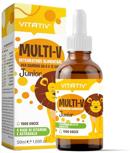 VITATIV® MULTI-V Junior | Integratore Multivitaminico per Bambini in Gocce 50ml con Astragalo Vitamina C, A, Vitamine del gruppo B, D, Tiamina, B12, Acido Folico