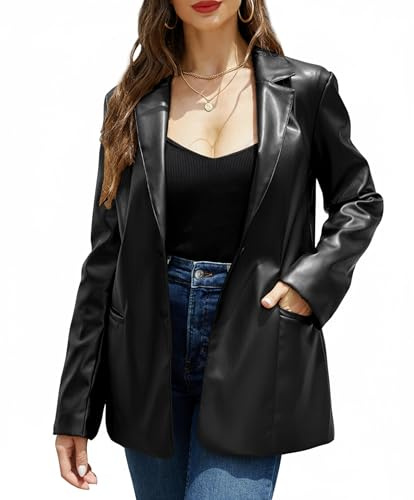 RISISSIDA Women Faux Leather Blazer Jacket Spring Fall Vegan Pleather Soft Casual Lapel Button Down Coat,Black,L
