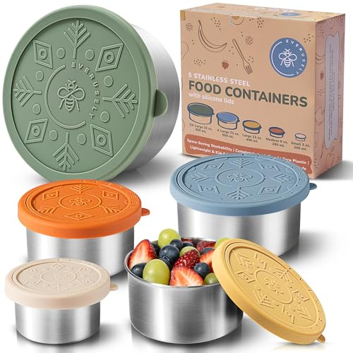 Everusely - Stainless Steel Containers with Lids - Set of 5, Muted Collection - Leakproof Stainless Steel Food Containers - Nesting Snack Holders - Metal Lunch Box - Portable & Reusable Meal Kit