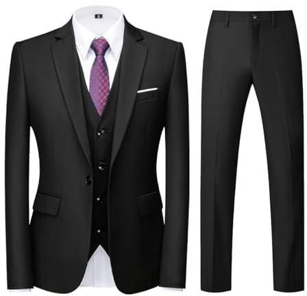 Men Suits 3 Piece Slim Fit Single Breasted One Button Black Tuxedo Suit Blazer Waistcoat Trousers Set(Black,Medium)