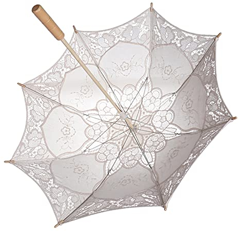Marhynchus Lace Umbrella, Festival Hochzeitszubehör Regenschirme Stockschirme Sonnenschirm Sonne mit Holzgriff Lady Hochzeit Party Brautschirm für die Dekoration von Fotos[L-Milchig weiß]